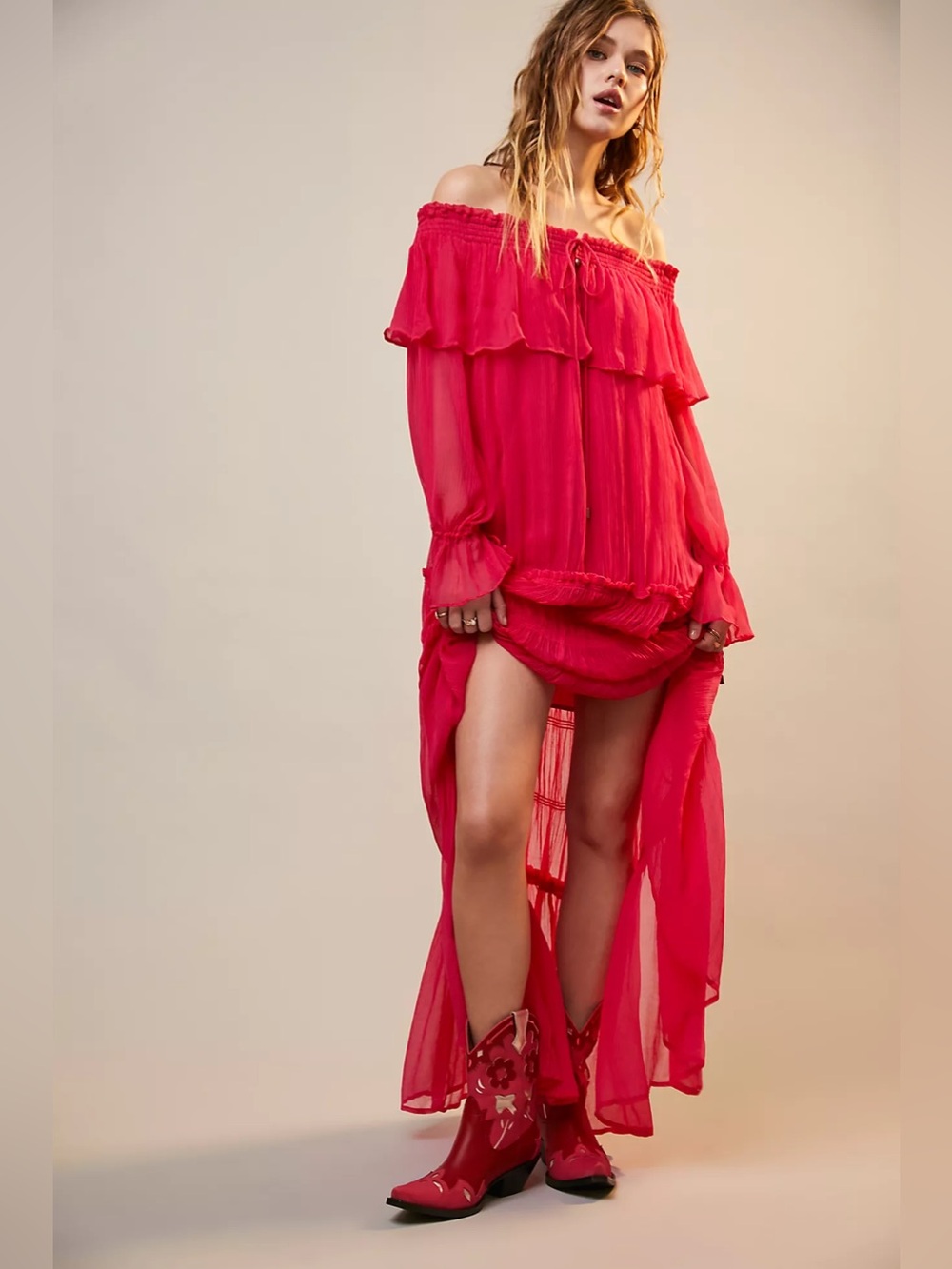Free People Cherry Hot Pink Off Shoulder Maxi Dress Medium